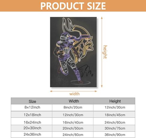 Justin Jefferson Rugby Poster Neon Effect Canvas Wall Art Printed for Home Decor Livingroom Football Sports Fans Gift Decoration (Jefferson, 16x24inch, Unframed) in Kuwait