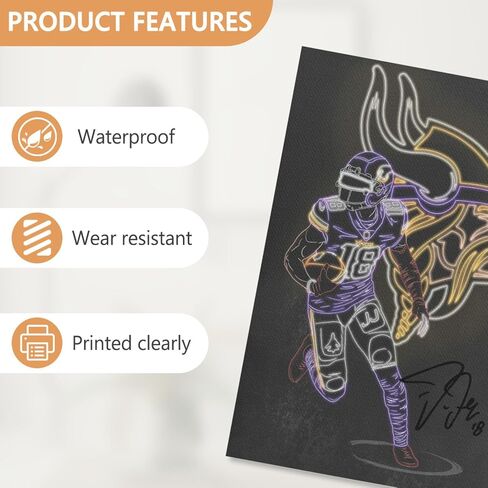 Justin Jefferson Rugby Poster Neon Effect Canvas Wall Art Printed for Home Decor Livingroom Football Sports Fans Gift Decoration (Jefferson, 16x24inch, Unframed) in Kuwait