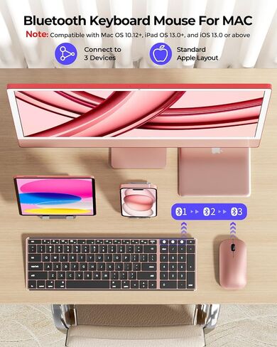 Wireless Bluetooth Keyboard and Mouse for Mac, Multi-Device Rechargeable Slim Keyboard and Mouse Stainless Steel Full Size, Compatible with MacBook Pro/Air, iPad, iMac - Orange Connect Button in Kuwait