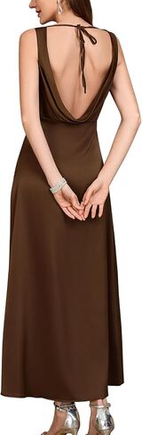 Satin V Neck Sleeveless Tie Backless Cocktail Party Maxi Dress for Women in Saudi Arabia