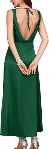 فستان طويل من الساتان برقبة على شكل حرف V بدون أكمام وربطة عنق بدون ظهر لحفلات الكوكتيل للنساء in Kuwait