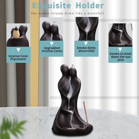 YYW حامل البخور السيراميك، تماثيل الحب للزوجين تمثال مبخرة بتدفق خلفي، شلال البخور مع 20 مخاريط البخور، 30 عصا البخور ديكور مكتب الغرفة لعيد الحب in Kuwait
