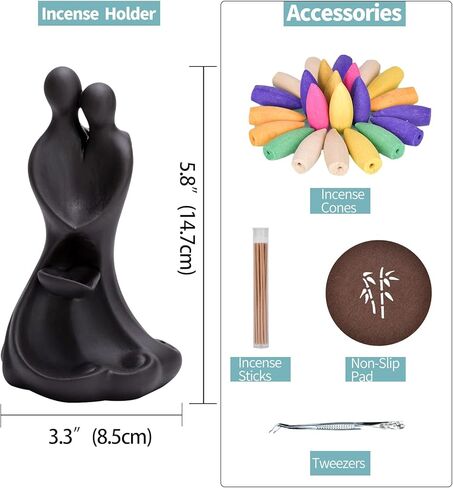 YYW حامل البخور السيراميك، تماثيل الحب للزوجين تمثال مبخرة بتدفق خلفي، شلال البخور مع 20 مخاريط البخور، 30 عصا البخور ديكور مكتب الغرفة لعيد الحب in Kuwait