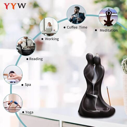 YYW حامل البخور السيراميك، تماثيل الحب للزوجين تمثال مبخرة بتدفق خلفي، شلال البخور مع 20 مخاريط البخور، 30 عصا البخور ديكور مكتب الغرفة لعيد الحب in Kuwait