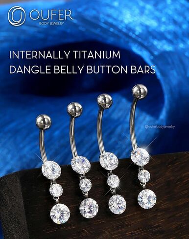 OUFER Titanium Belly Button Rings, Dangle Belly Rings for Women, Internally Threaded Belly Button Piercings, Long Dangle Navel Piercing Jewelry, Clear CZ Navel Rings Barbells-10/12/14/16mm in Saudi Arabia