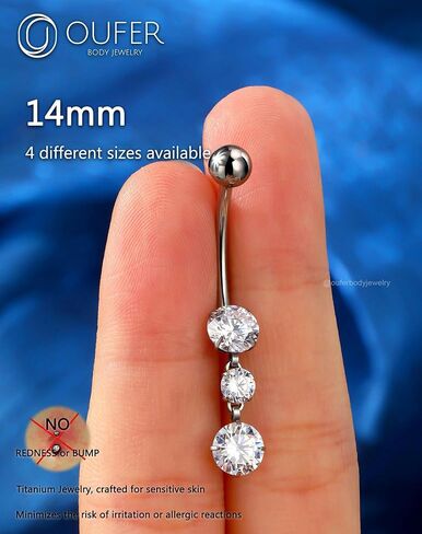 OUFER Titanium Belly Button Rings, Dangle Belly Rings for Women, Internally Threaded Belly Button Piercings, Long Dangle Navel Piercing Jewelry, Clear CZ Navel Rings Barbells-10/12/14/16mm in Saudi Arabia