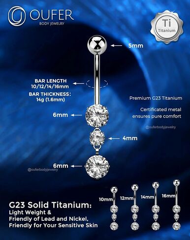 OUFER Titanium Belly Button Rings, Dangle Belly Rings for Women, Internally Threaded Belly Button Piercings, Long Dangle Navel Piercing Jewelry, Clear CZ Navel Rings Barbells-10/12/14/16mm in Saudi Arabia