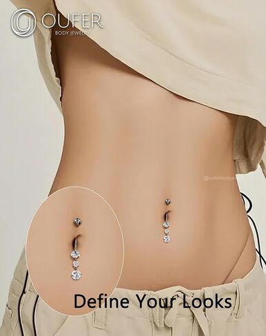 OUFER Titanium Belly Button Rings, Dangle Belly Rings for Women, Internally Threaded Belly Button Piercings, Long Dangle Navel Piercing Jewelry, Clear CZ Navel Rings Barbells-10/12/14/16mm in Saudi Arabia