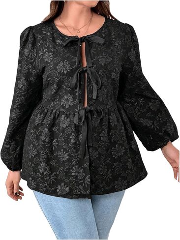 OYOANGLE Women's Plus Size Floral Jacquard Tie Front Blouses Puff Long Sleeve Crewneck Babydoll Peplum Tops in Saudi Arabia