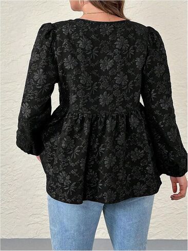 OYOANGLE Women's Plus Size Floral Jacquard Tie Front Blouses Puff Long Sleeve Crewneck Babydoll Peplum Tops in Saudi Arabia