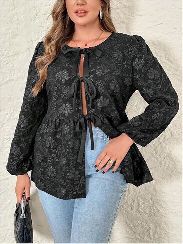 OYOANGLE Women's Plus Size Floral Jacquard Tie Front Blouses Puff Long Sleeve Crewneck Babydoll Peplum Tops in Saudi Arabia