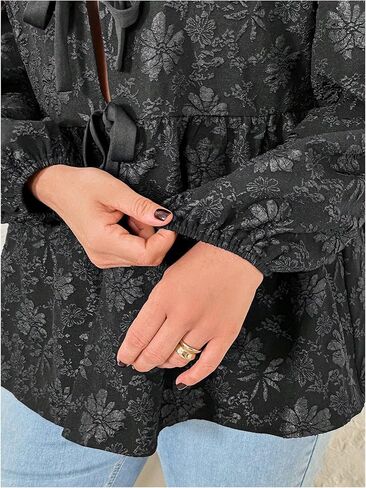 OYOANGLE Women's Plus Size Floral Jacquard Tie Front Blouses Puff Long Sleeve Crewneck Babydoll Peplum Tops in Saudi Arabia