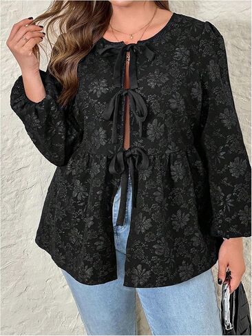 OYOANGLE Women's Plus Size Floral Jacquard Tie Front Blouses Puff Long Sleeve Crewneck Babydoll Peplum Tops in Saudi Arabia