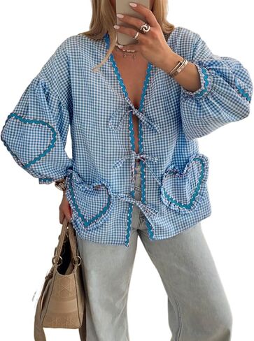 Gihuo المرأة Y2k التعادل الجبهة بيبي دول بلايز نفخة كم طويل منقوشة الخامس الرقبة بلوزة اللون كتلة قمصان لطيف مع جيوب in Kuwait