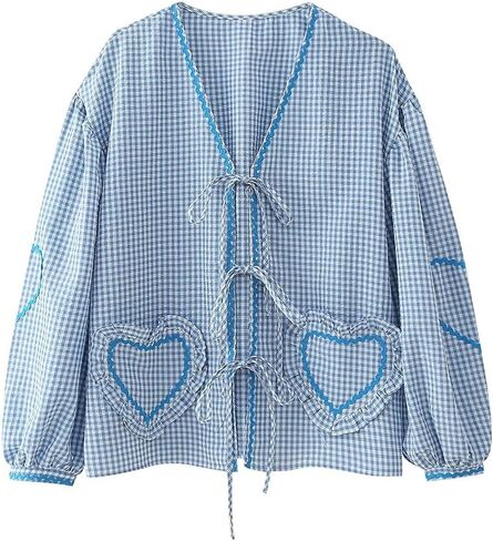 Gihuo المرأة Y2k التعادل الجبهة بيبي دول بلايز نفخة كم طويل منقوشة الخامس الرقبة بلوزة اللون كتلة قمصان لطيف مع جيوب in Kuwait