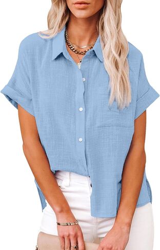 SEMARO Womens Casual Linen Button Down Shirts Solid Short Sleeve Summer Beach Blouses Tops with Pocket in Saudi Arabia