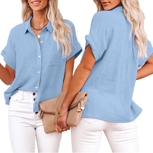 SEMARO Womens Casual Linen Button Down Shirts Solid Short Sleeve Summer Beach Blouses Tops with Pocket in Saudi Arabia