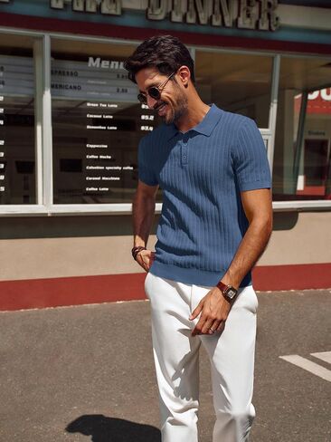 PJ PAUL JONES Mens Knit Polo Shirt Short Sleeve Textured Polo Shirts Casual Summer Collared Polo T Shirt in Kuwait