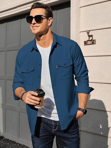 Comdecevis Mens Casual Button Down Shirts Long Sleeve Wrinkle-Free Lightweight Shirts with Flap Pockets in Saudi Arabia