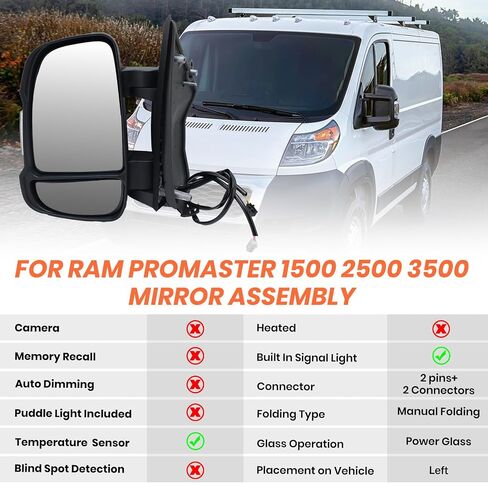 Left Driver Side Mirror Compatible with 2014-2024 Ram Promaster 1500/2500/3500,Mirrors with Heated,Power Glass,Turn Signals Light,Temperature Sensor,Replaces# 5VE99JXWAD(Short Arm)8+2Pins in Saudi Arabia