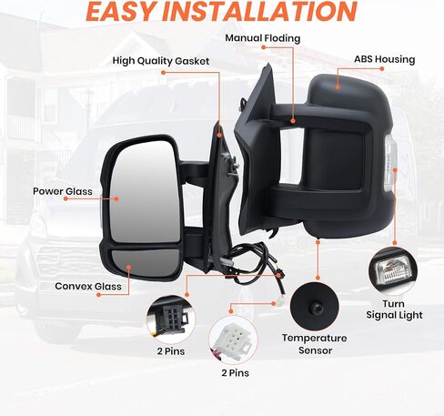 Left Driver Side Mirror Compatible with 2014-2024 Ram Promaster 1500/2500/3500,Mirrors with Heated,Power Glass,Turn Signals Light,Temperature Sensor,Replaces# 5VE99JXWAD(Short Arm)8+2Pins in Saudi Arabia