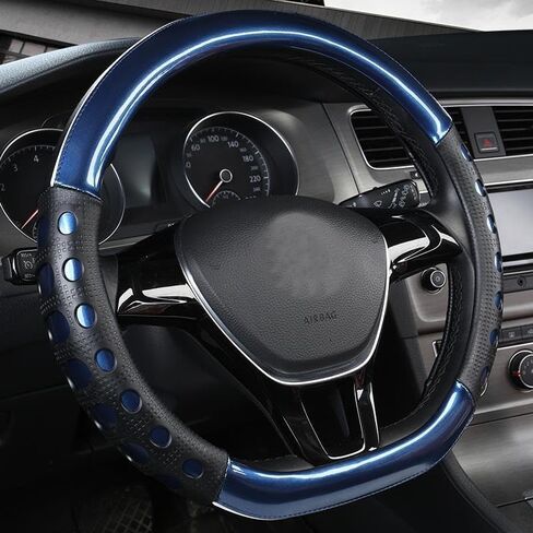 غطاء عجلة القيادة D من الجلد غطاء عجلة القيادة على شكل D عالمي 15 بوصة/38 سم قابل للتنفس للسيارات/الشاحنة/سيارات الدفع الرباعي/الشاحنة (أزرق) in Kuwait