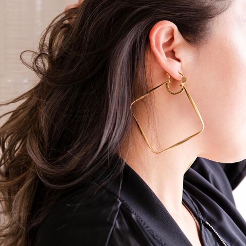 Simone I. Smith - Square Biz Hoops 18K Yellow Gold over Sterling Silver Diamond Shaped Hoop Earrings Size: Large: 80mm in Saudi Arabia