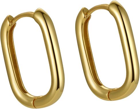 【2023 New Design】925 Sterling Silver Oval Hoop Huggie Earrings For Women, Small Silver Hoop Earrings for Sensitive Ears, Square Hoop Earrings for girlfriend Gifts (Gold) in Saudi Arabia