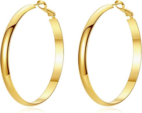 Flat Big Gold Hoop Earrings for Women 14K Real Gold Plated 925 Sterling Silver Post Hypoallergenic 5mm Wide Large Hoop Earrings for Women in Kuwait