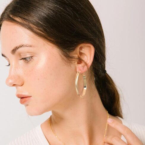 Flat Big Gold Hoop Earrings for Women 14K Real Gold Plated 925 Sterling Silver Post Hypoallergenic 5mm Wide Large Hoop Earrings for Women in Kuwait