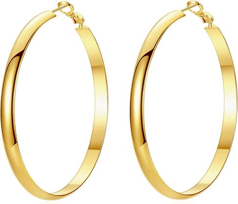 Flat Big Gold Hoop Earrings for Women 14K Real Gold Plated 925 Sterling Silver Post Hypoallergenic 5mm Wide Large Hoop Earrings for Women in Kuwait