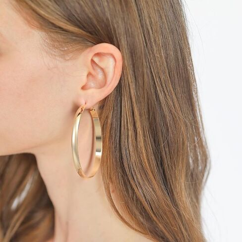 Flat Big Gold Hoop Earrings for Women 14K Real Gold Plated 925 Sterling Silver Post Hypoallergenic 5mm Wide Large Hoop Earrings for Women in Kuwait