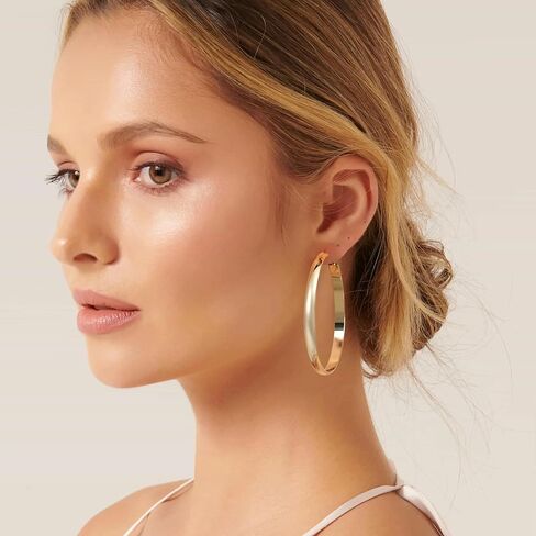 Flat Big Gold Hoop Earrings for Women 14K Real Gold Plated 925 Sterling Silver Post Hypoallergenic 5mm Wide Large Hoop Earrings for Women in Kuwait