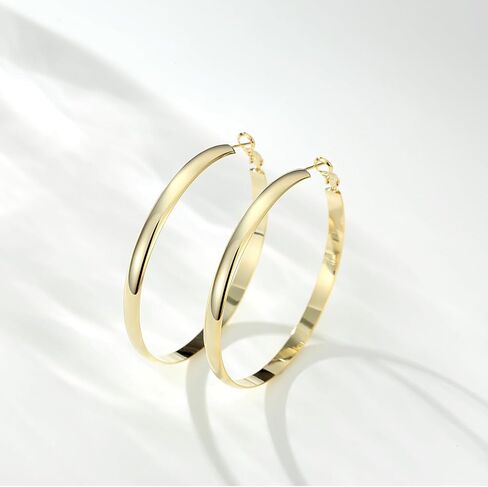 Flat Big Gold Hoop Earrings for Women 14K Real Gold Plated 925 Sterling Silver Post Hypoallergenic 5mm Wide Large Hoop Earrings for Women in Kuwait