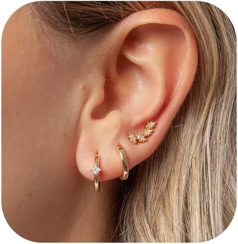 Gold Earrings for Women Trendy 3Pairs Gold Hoop Earrings 14K Gold Plated Huggie Hoop 925 Sterling Silver Post Earrings for Women Dainty Gold Dangle Chunky Small Hoop Stud Earrings Cartilage Earring Stacks Gold Jewelry for Women Gifts in Saudi Arabia