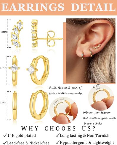 Gold Earrings for Women Trendy 3Pairs Gold Hoop Earrings 14K Gold Plated Huggie Hoop 925 Sterling Silver Post Earrings for Women Dainty Gold Dangle Chunky Small Hoop Stud Earrings Cartilage Earring Stacks Gold Jewelry for Women Gifts in Saudi Arabia