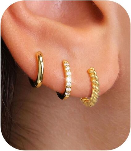 Gold Earrings for Women Trendy 3Pairs Gold Hoop Earrings 14K Gold Plated Huggie Hoop 925 Sterling Silver Post Earrings for Women Dainty Gold Dangle Chunky Small Hoop Stud Earrings Cartilage Earring Stacks Gold Jewelry for Women Gifts in Saudi Arabia