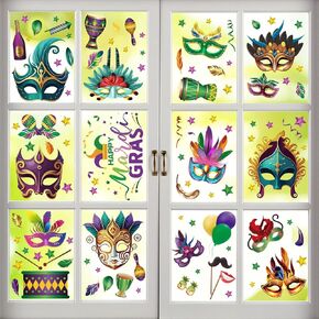 Doneace 110 PCS Mardi Gras Window Clings 9 Sheets Mardi Gras Window Stickers Decorations Mask Clown Crowns Carnival Wall Decals Reusable Static Window Decal for Carnival Masquerade Party Decor