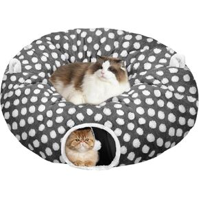 Cat Tunnel Bed for Indoor Cats, Versatile 2-in-1 Play Tunnel with Washable Circle Cushion, Soft Plush Cozy Cat Cave Donut Tunnel for Kitten/Puppy/Rabbit
