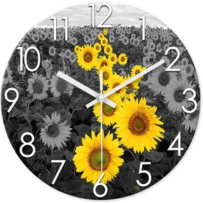 XFM Glass Sunflower Clock Wall Decor Yellow Analog Wall Clock Battery Operated 12 Inch Silent Wall Clock for Bedroom Farmhouse Rustic Wall Clock