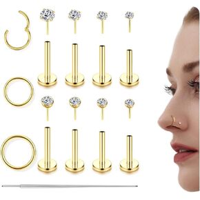 CASSIECA 14K Gold Filled Flat Back Nose Studs For Women Men Hypoallergenic Surgical Steel Nose Rings Hoops- Threadless Flat Back Earrings Helix Cartilage Tragus Conch CZ Stud Labret Lip Nostril Septum Ring Body Piercing Jewelry 20G 18G 16G
