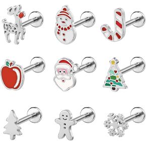 BodyAce 9PCS Christmas Lip Ring Labret Studs, 16 Gauge Flat Back Cartilage Earrings for Women, Christmas Tree Conch Tragus Piercing Santa Helix Jewelry