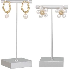 GemeShou 2pcs metal earring holder, Gold T bar earring display stand, mini hangers for earrings Jewelry Photography, earring storage organizer【Gold-Square Base 2pcs Height 4.3 and 5.1 inch】