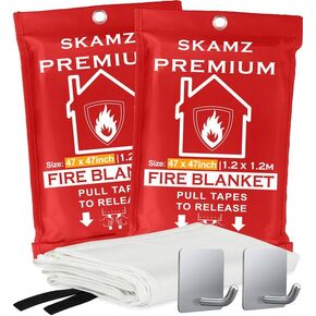 SKAMZ Emergency Fire Blanket XL Size - 47" x 47" - 2 Pack W/Hooks - Welding Fireproof Blanket, Heavy-Duty Fiberglass Welding Blankets for Kitchen, BBQ, Fireplace, Home Safety