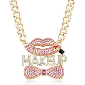 Women's Gold Crystal MAKEUP Lips Pendant Necklace Hip Hop Chunky Choker Chain Rhinestone Bow Costume Party Jewelry