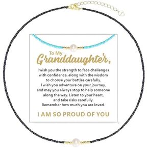 To My Granddaughter Necklace, I Am So Proud Of You Freshwater Pearl Necklace, Bohemian Choker Handmade Pearl Beaded Pendant Necklace Tiny Dainty Minimalist Jewelry Gifts for Women Teen Girls