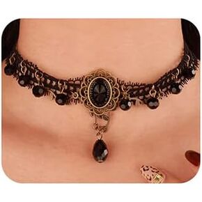 Wiwpar Black Lace Beaded Pendent Choker Necklace Gothic Lolita Crystals Choker Clothing Accessories Gothic Tattoo Lace Choker Necklace for Halloween Weeding Costume Party Prom Vampire (Style5)