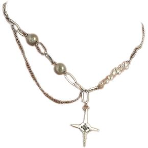 YienDoo North Star Pearl Necklace Choker Asymmetric Pearl Necklace Silver Paper Clip Chain North Star Pendant Chunky Chain Statement Shaped Pearls Nightclub Necklace Jewelry for Women