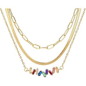 SHOWNICE Layered Choker Necklaces 18K Gold Plating Multilayer Chain Dainty Colorful Cubic zirconia Pendant Adjustable Layering Choker Necklaces for Women