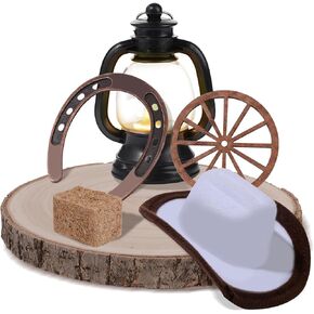 18PCS Western Party Decorations Mini Cowboy Centerpieces Lantern with LED Candle Wooden Plate Lucky Horseshoe Table Centerpieces Supplies for Western Cowboy Theme Birthday Wedding Party Favors Decor